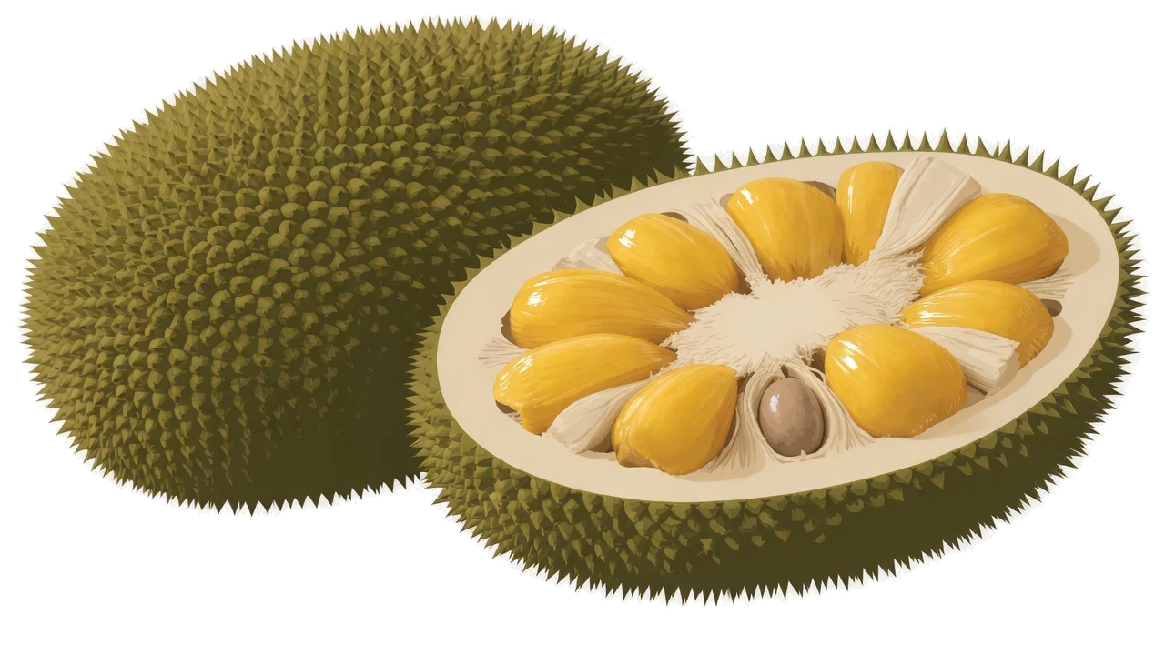 A jackfruit drawn in two parts: a whole fruit covered in a spiky shell, and a cut fruit showing yellow pods arranged in a ring, a single seed, and the pale fibers between the pods.