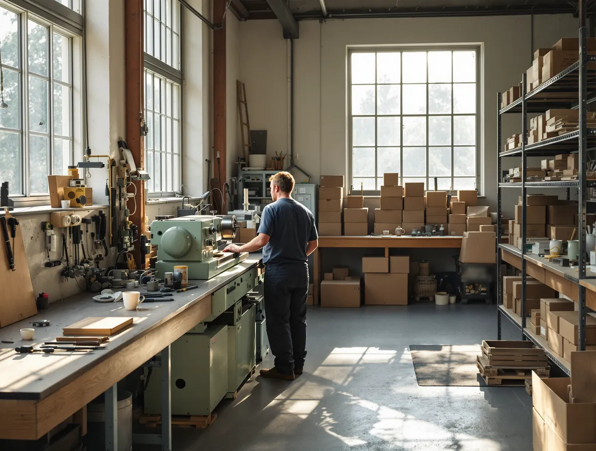 A machinist at a green lathe in a sunlit workshop.