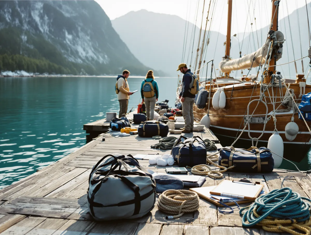 A crew loading gear onto a wooden sailboat on a fjord dock.