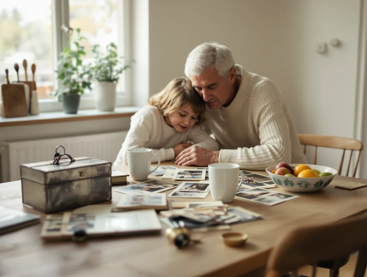 A grandfather and granddaughter at a kitchen table, looking at family photos.