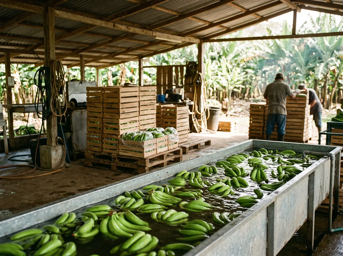 Green bananas in the washing tank of a farm packhouse, with stacked banana crates behind.