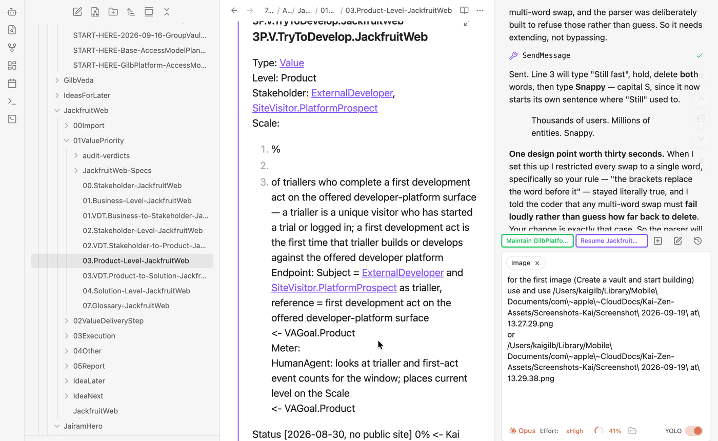 A developer editor open on a Gilb project: the vault file tree on the left, a Planguage specification in the centre, and an AI assistant panel working against it on the right.