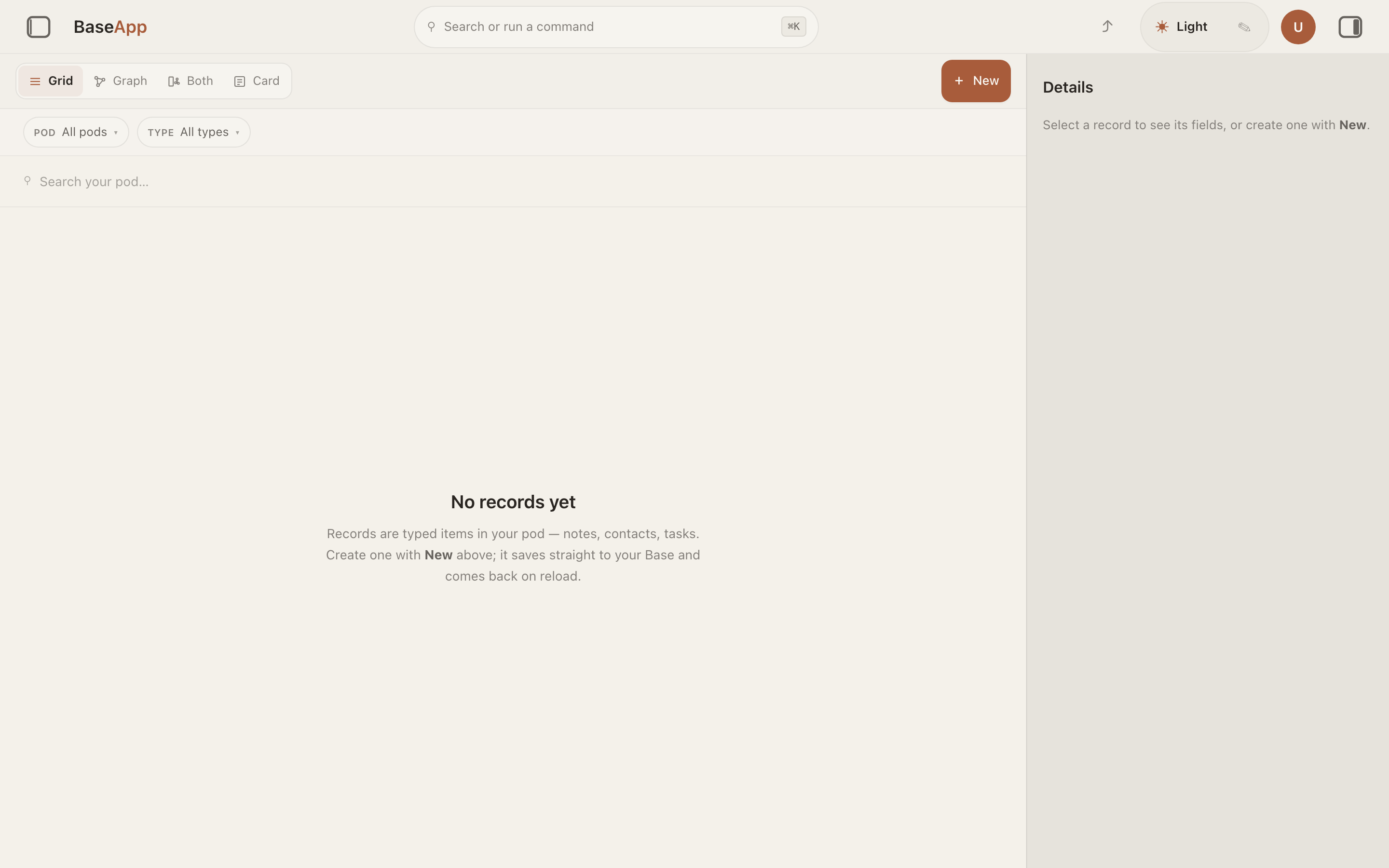 The GilbApp home right after signup: Grid, Graph, Both, and Card views over an empty vault with no records yet.